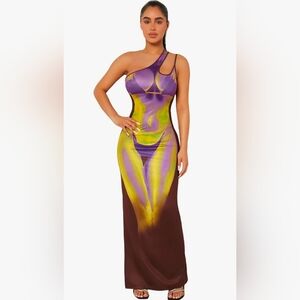 Asymmetric One-Shoulder Brown, Purple & Yellow Print Maxi Dress Size:X-Small